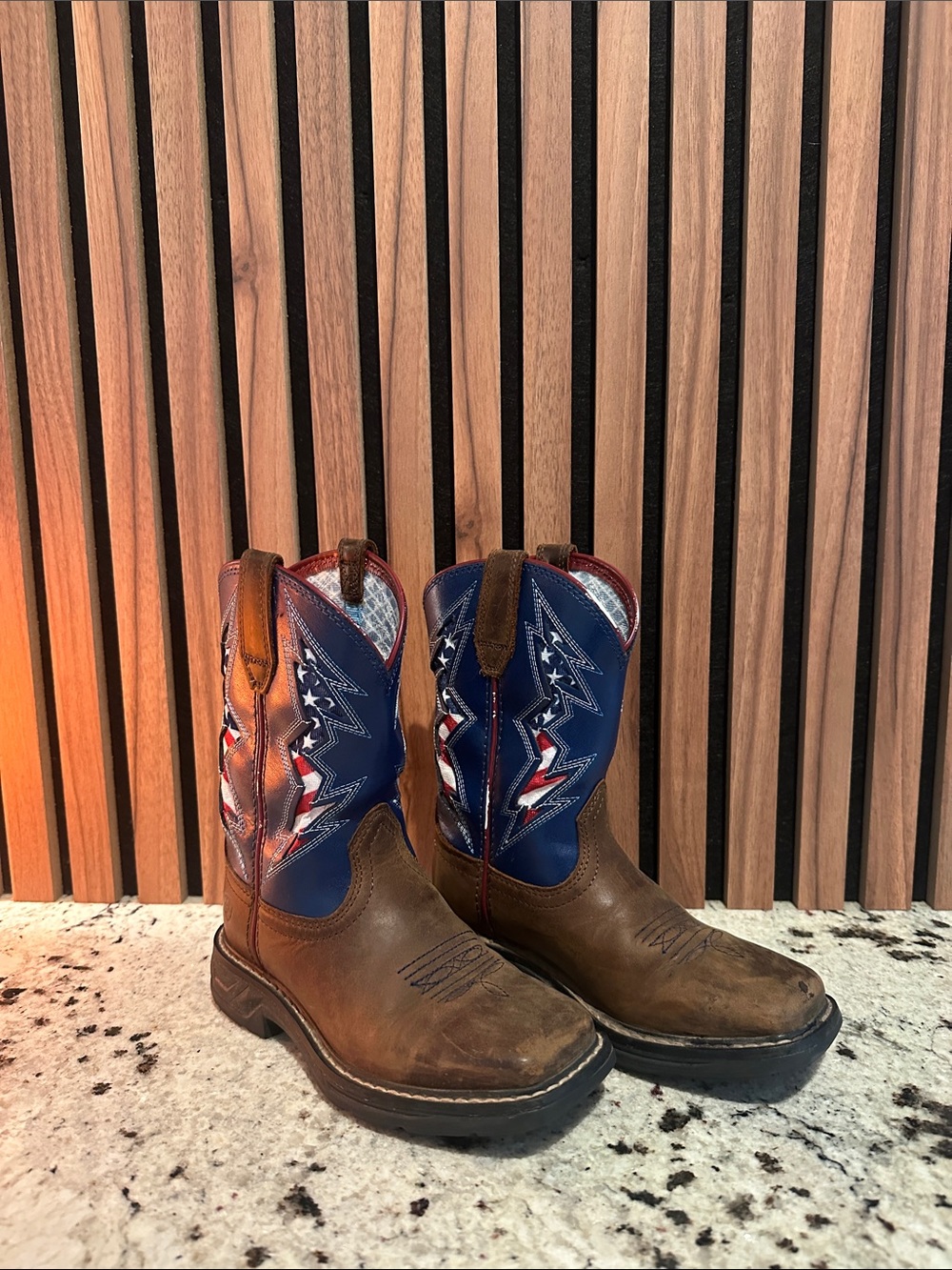 Ariat Brown Leather Work Boots with Blue and Red Patriotic Shaft.